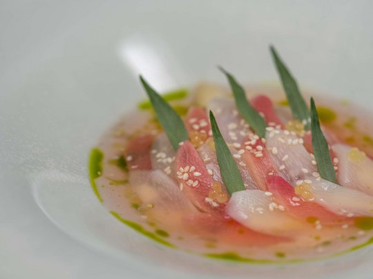 The heights of indulgence in Vent: our restaurant, Die Post Delicately arranged raw fish with green herbs and sesame seeds