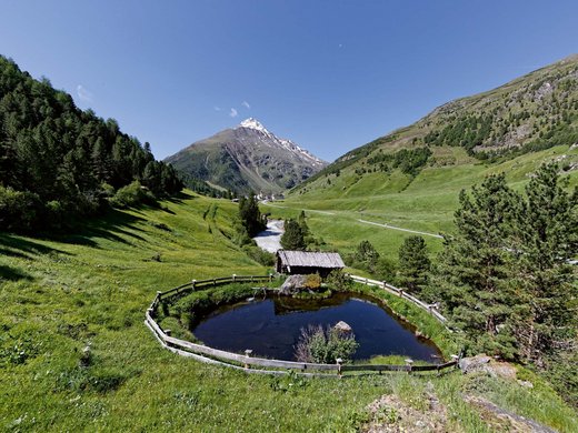 Lieu de rêve Vent : notre hôtel dans l’Ötztal Vallée verte avec un étang et un sommet enneigé sous un ciel bleu clair