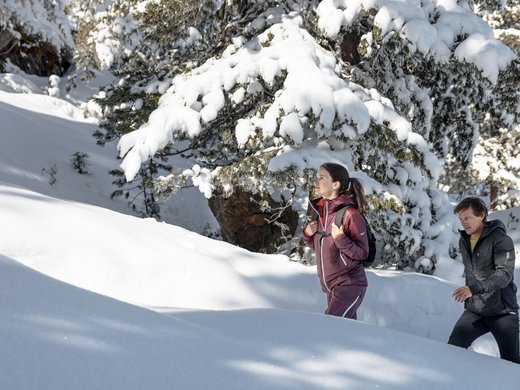Von Ihrem Hotel zum Schneeschuh- und Winterwandern in Vent Zwei Personen wandern durch eine schneebedeckte Winterlandschaft