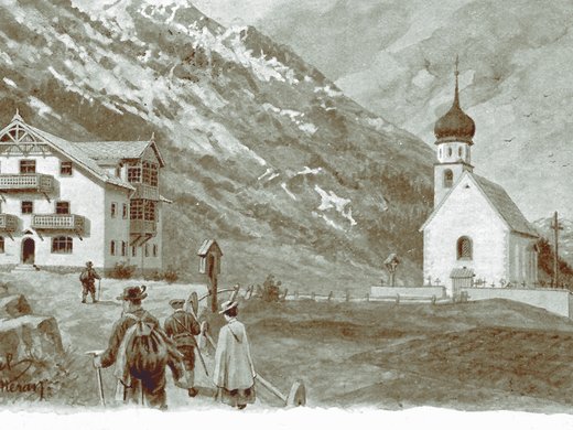 Natur- und Alpinhotel Post: von Ihrem Hotel zur Wildspitze Historische Dorfansicht mit Kirche und Bergen im Hintergrund